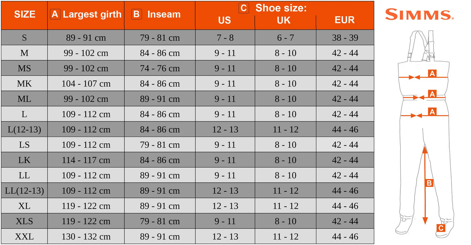 Waders Simms Size Chart