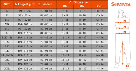 Waders Simms Size Chart