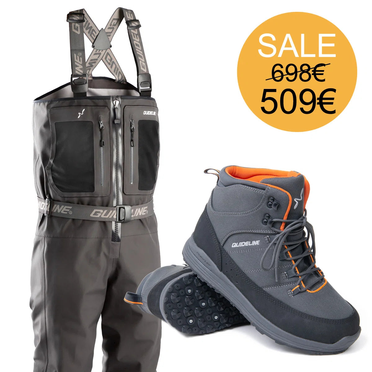 Kit Wader Guideline Laxa 2.0 ZIP & scarpe da wading Laxa suola gomma chiodi