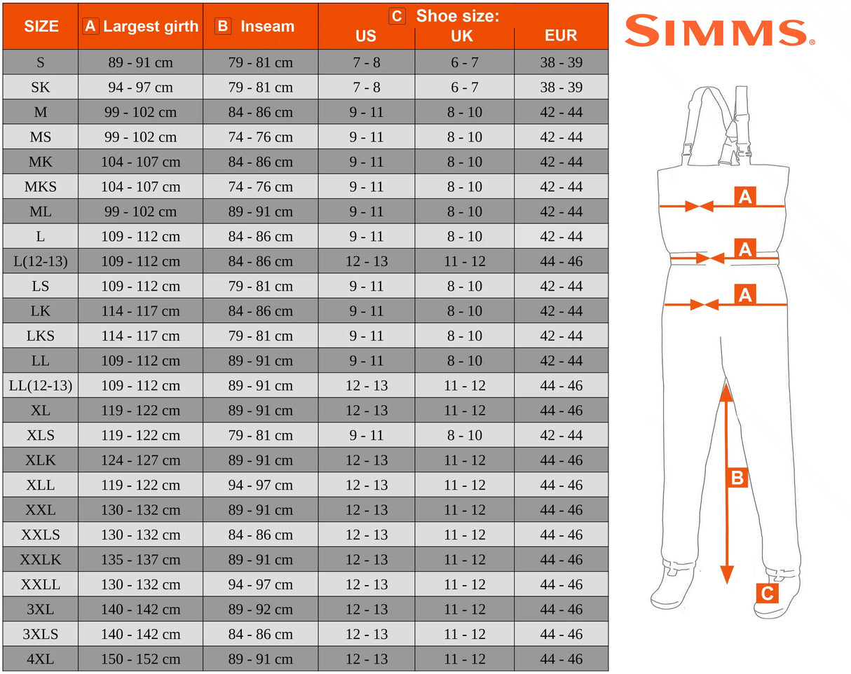 Waders Simms Freestone Stockingfoot Size Chart