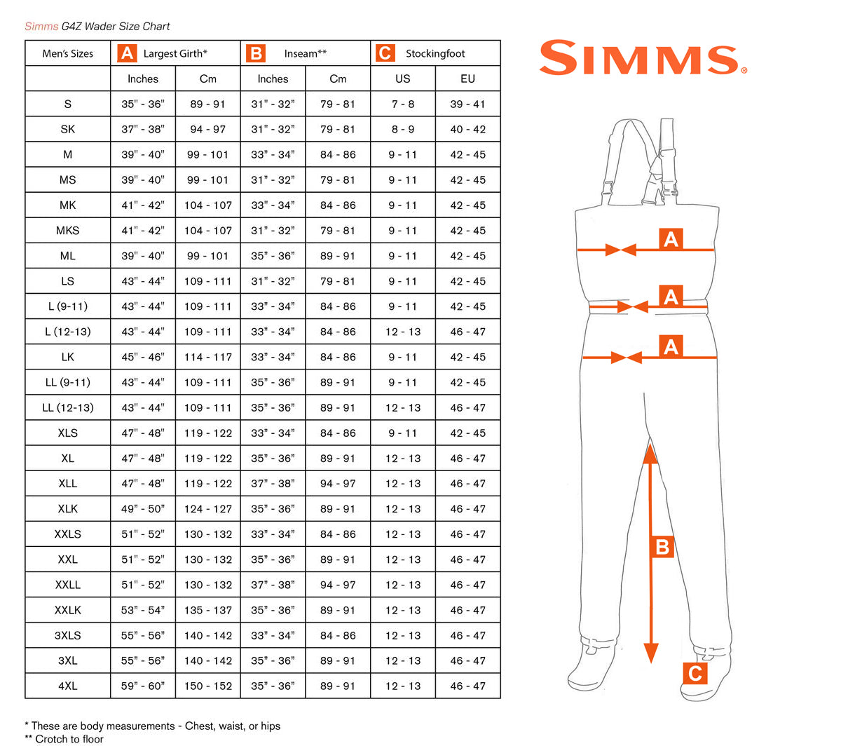 Size Chart Waders Simms G4Z