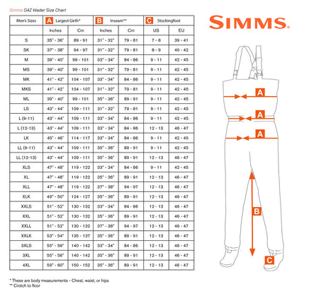 Size Chart Waders Simms G4Z