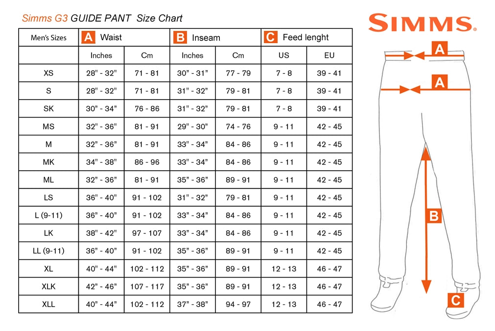 Size Chart Simms G3 Guide Pant